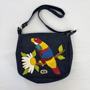 Vintage 70s Denim Purse Vinyl Macaw Parrot Appliqué Tropical Tiki